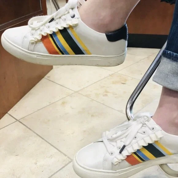 TORY Burch SPORT Ruffle Striped Women’s 8.5 Low Top Sneakers Lace Up Shoes - Picture 2 of 16